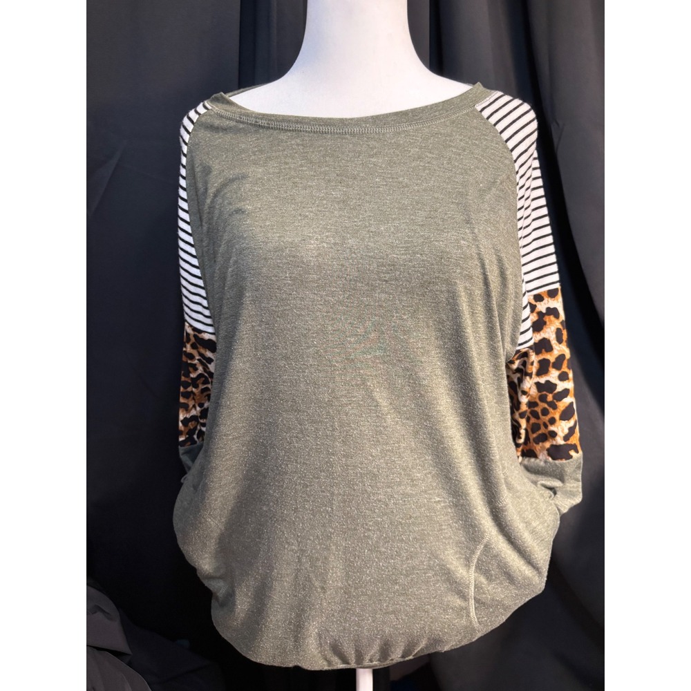Olive Green Mixed Media Leopard Stripe Raglan Long Sleeve Top with Pockets